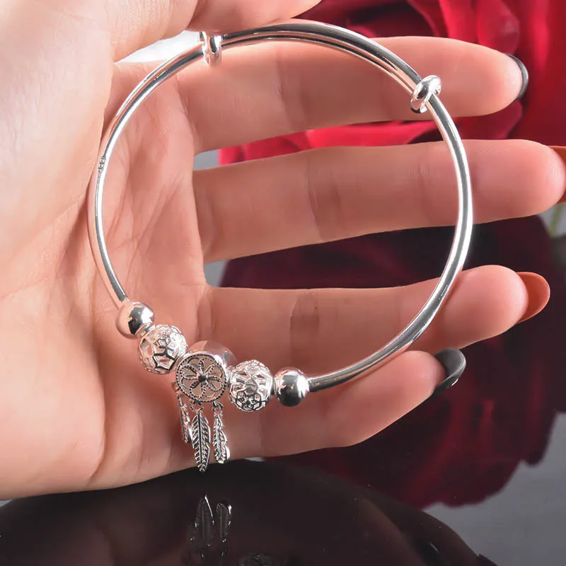 YHAMNI Original 925 Sterling Silber DreamCatcher Armband Mit Feder Quaste Anhänger Runde Perlen Charme Armbänder Für Frauen266l