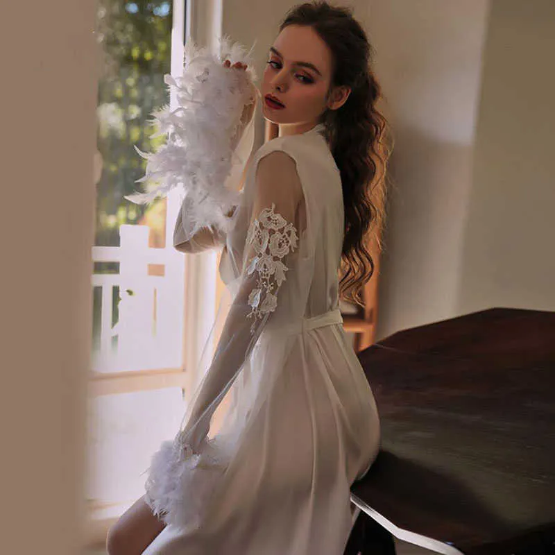 Long Bride Robe Wedding Pijama White Bathrobe Female Sexy Sleepwear Women Mesh And Feather Cuffs Homewear Embroidery Lace FG394 213842439