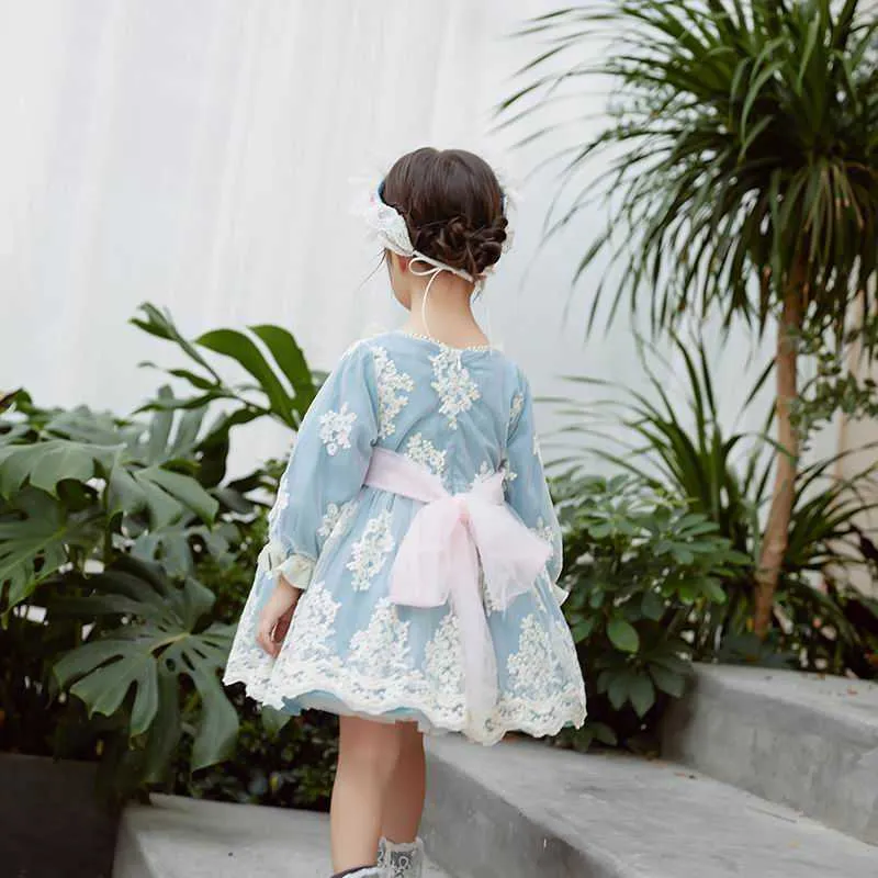 Spanish Style Kids Dresses for Girls light blue Embroidery Long Sleeve Princess Lolita Baby Clothes E5309 210610