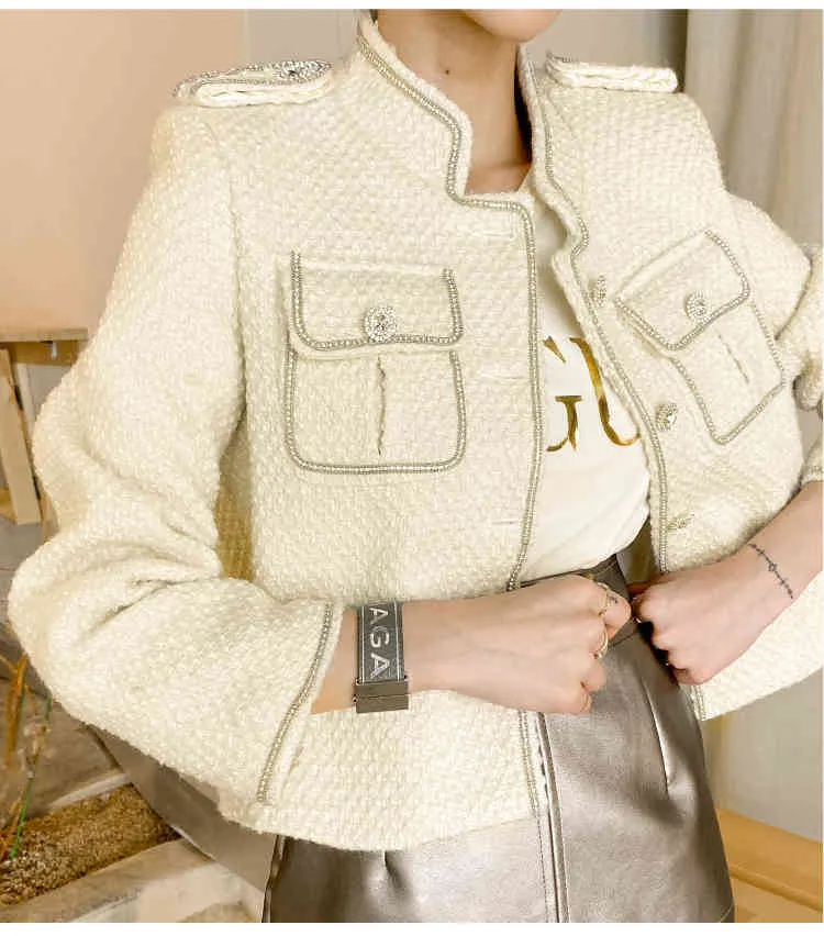 Automne et hiver manteau blanc femmes courtes dames piste Style diamant laine tweed tissé veste 210520