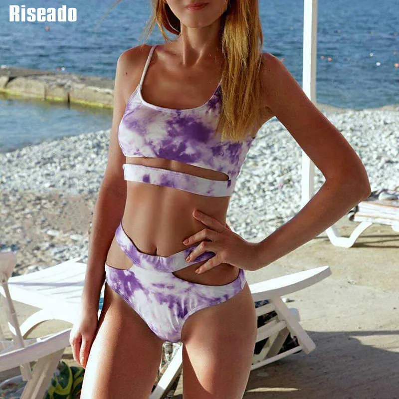 RISEADO SEXY BIKINI SET CUT OUT Badkläder Kvinnor Hög midja Badkläder Brasiliansk Biquini Black Beach Wear 210722