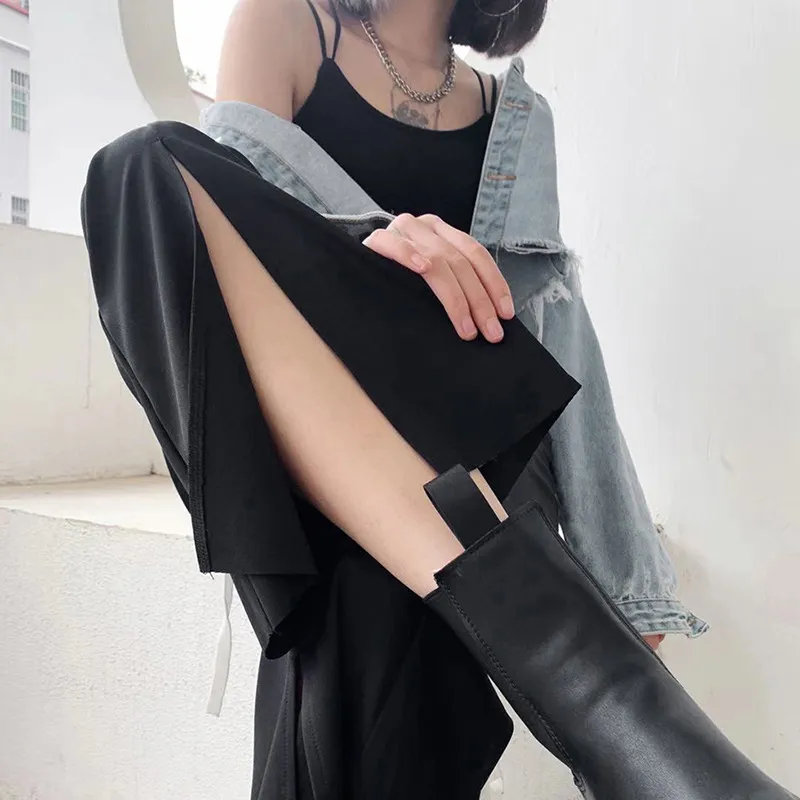 Vrouwen Flare Broek Trekkoord Stitching Bandage Hoge Taille Casual Gothic Harajuku Slit Broeken Stijl Streetwear 210517