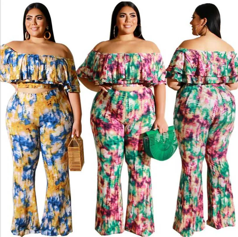 Bohemian Style Women Tie-Dye Two Piece Set Fashion Sexy Slash Neck Crop Top Vita alta aderente Pantaloni a zampa d'elefante Set Y0625