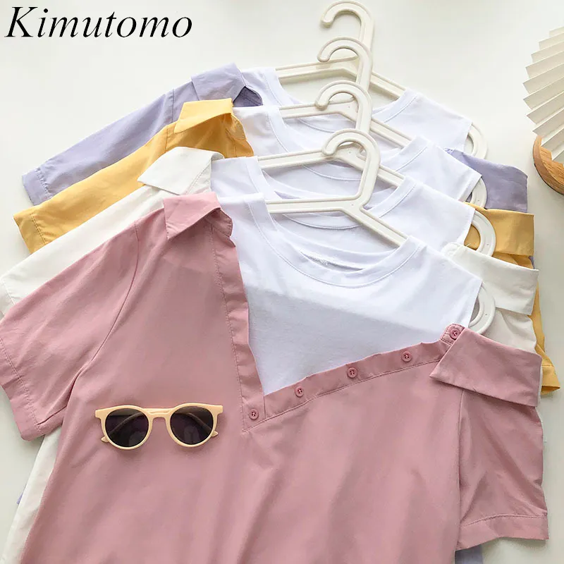 KIMUTOMO FAKE Tweedelige Blouse Dames Stitching Off Shoulder Shirt Zomer Korean Short-Mouwen Button Solid Tops Casual 210521