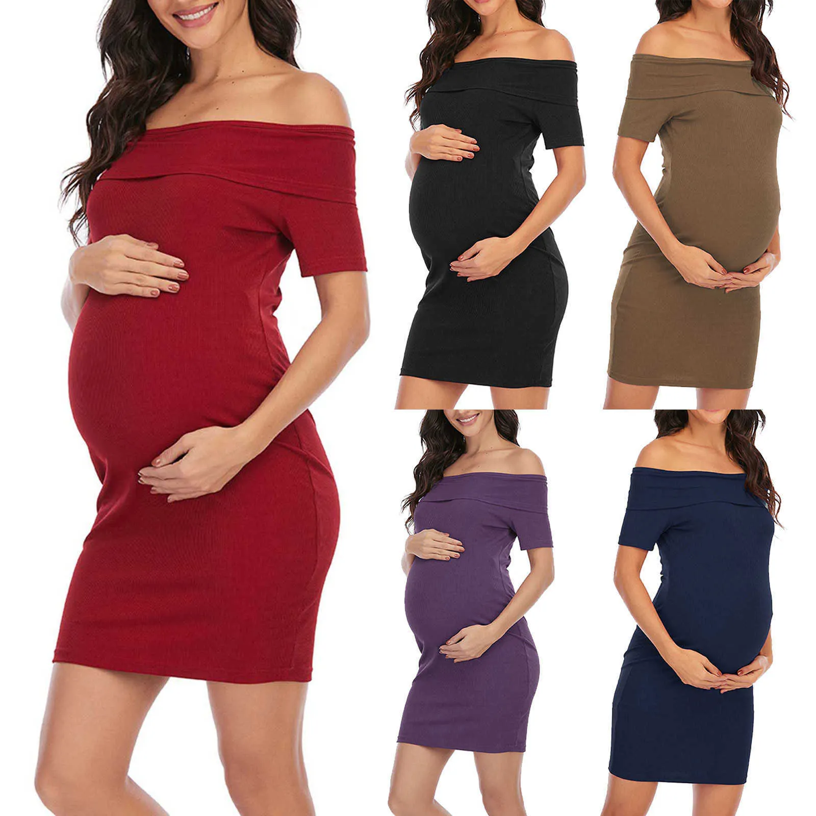 Vestido de moda para mujeres embarazadas, vestido de maternidad de manga corta de un hombro de Color sólido para mujeres, ropa de embarazo, bata de mujer Q0713