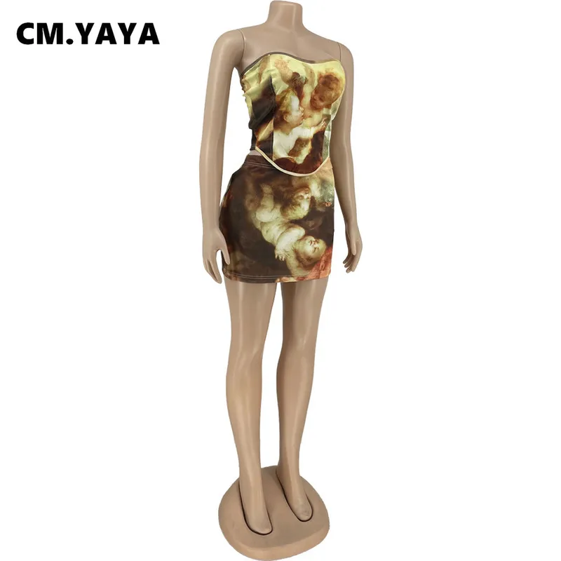 CM.YAYA Donna Set Tie Dye Print Senza maniche Crop Top senza spalline Minigonne Due 2 pezzi Active Tuta Sexy Outfit Summer 220302