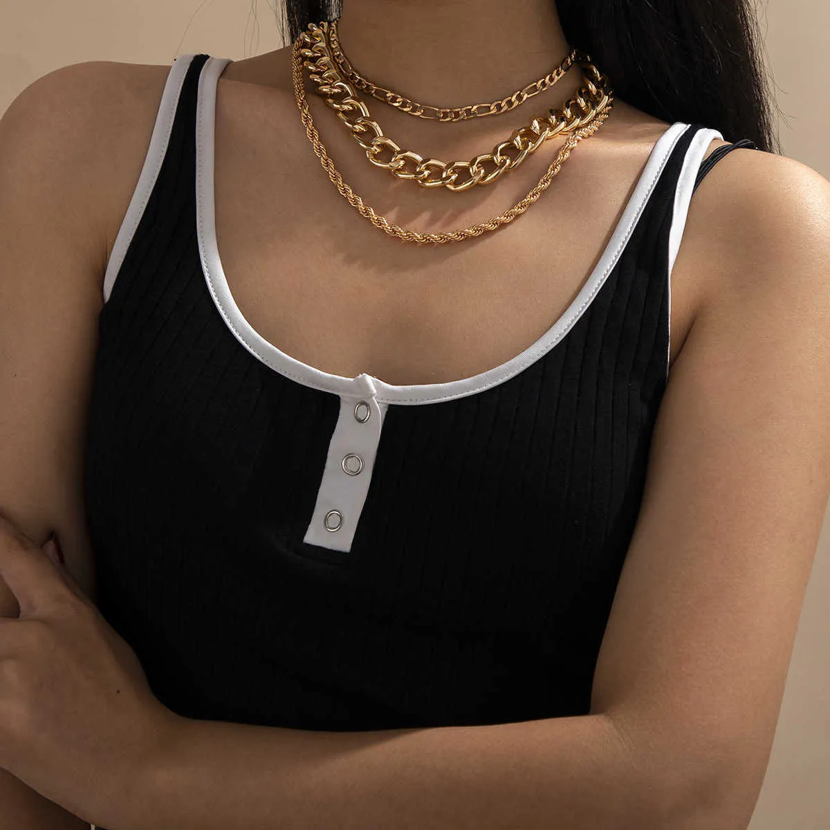 Cuban Chain Rope Chain Necklace Gold Silver Color Choker Set for Women Girls Jewelry Q0809