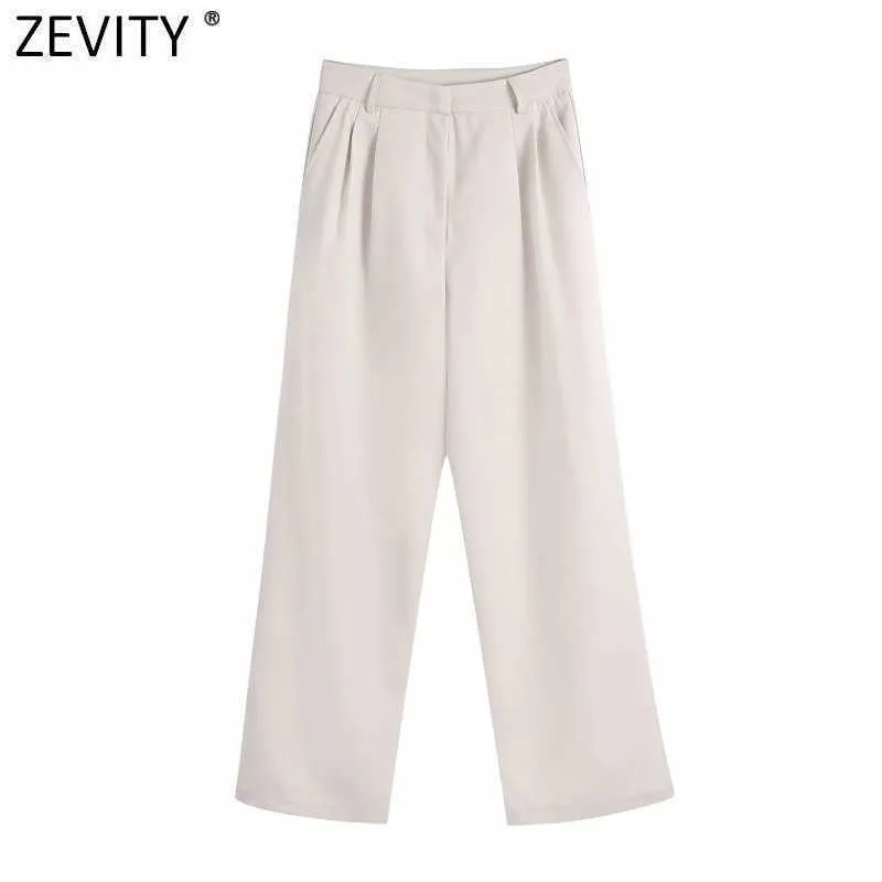 Zevity Women Fashion Solid Färg Pleat Design Ficka Rak Byxor Retro Kvinna Chic Zipper Fly Casual Long Byxor P1106 210603