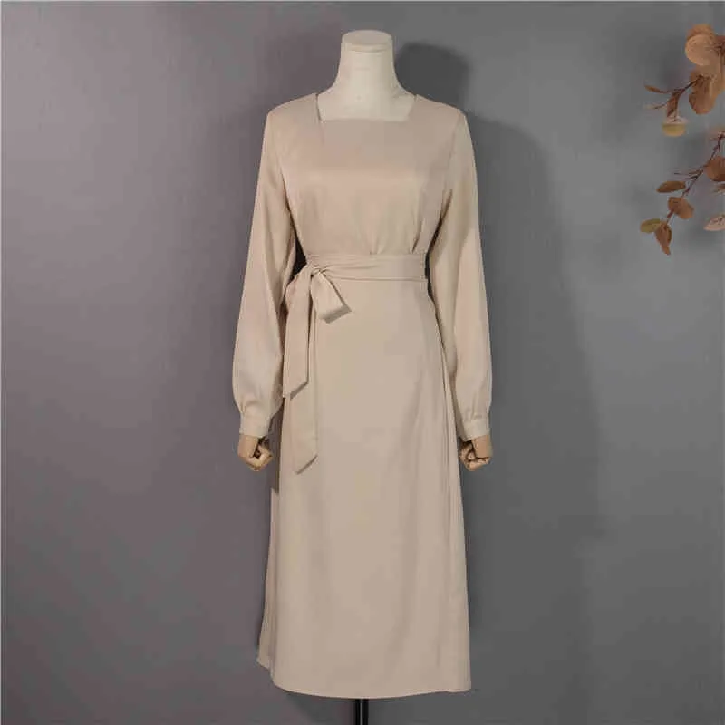 Bureau coréen dames femmes robe longue à manches longues col carré robes ceinturées élégant solide mode Vestidos Femme 210513
