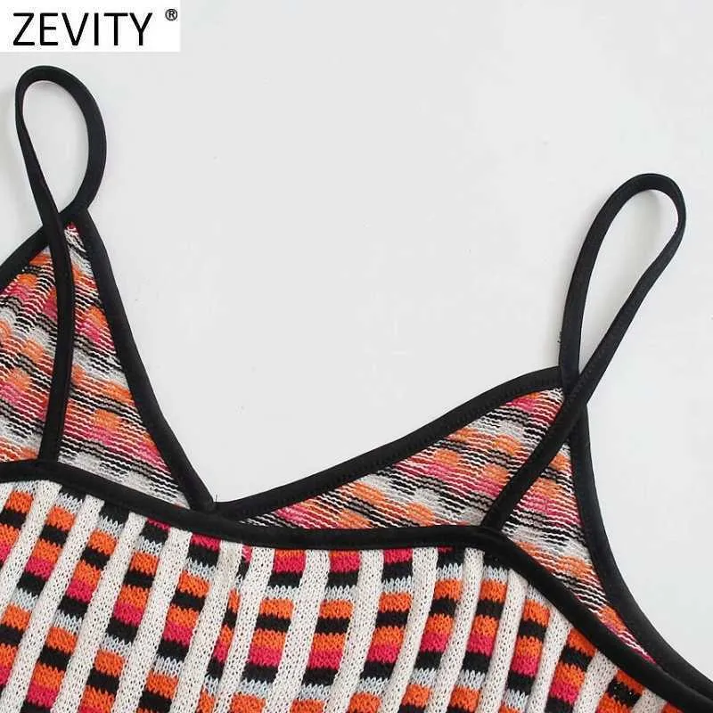 Zevity Women Vintage V Neck Breasted Houndstooth Plaid Knit Slim Sling Dress Female Chic Summer Brand Party Midi Vestido DS8120 210603