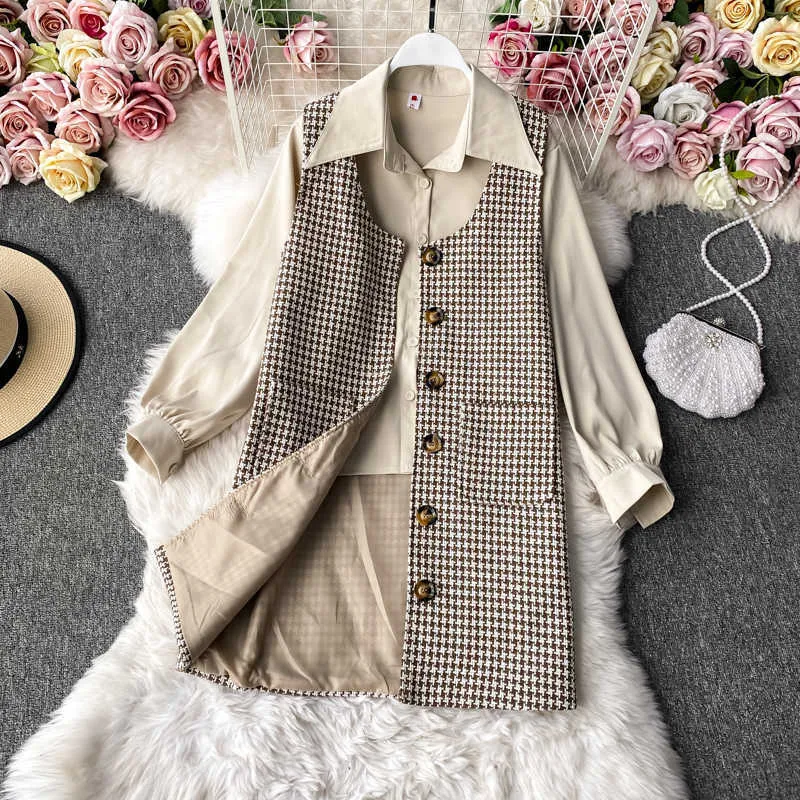 LY Varey Lin Jesień Kobiety Odwróć kołnierz Single Breasted Shirt Preppy Style Suit +2 kawałek zestaw Sweet Cute Plaid Camis Dress 210526