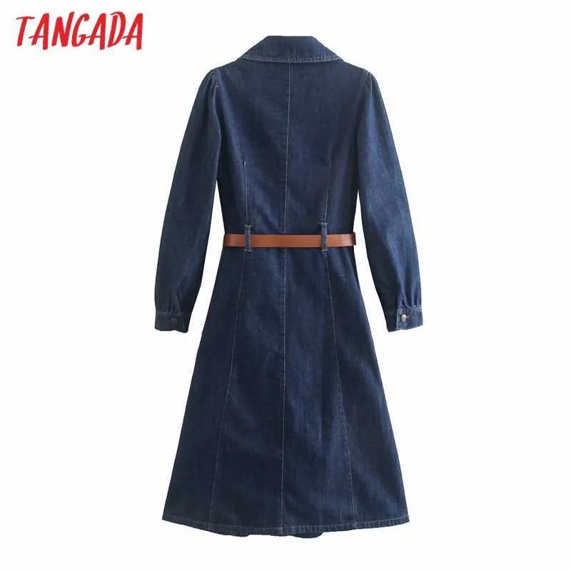 Tangada Mode Frauen Blaues Denim Hemdkleid mit Gürtel Langarm Büro Damen Midi Kleid 4m08 210609