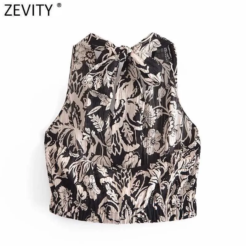 Zevity Women Vintage Tropical Floral Print Short Smock Blouse Female Sleeveles Backless Bow Tie Vest Shirt Chic Crop Tops LS9253 210603