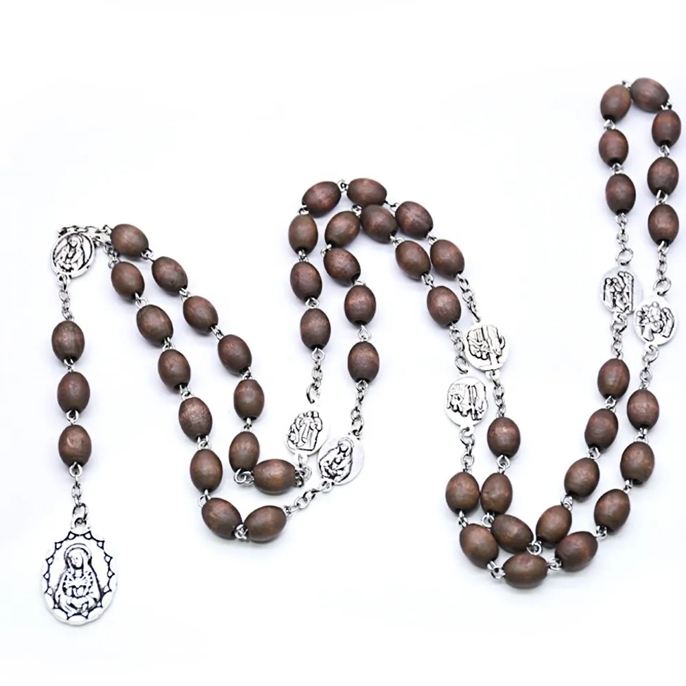 Colliers de perles Chapelet Sept Chagrin Chapelet Perles Ovales en Bois Chapelets avec Vierge Marie Chapelet Centre Catholicisme Cadeau Religieux