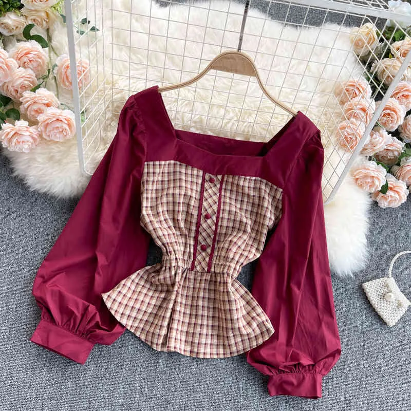 Spring Fashion Temperament French Blouse Female Square Collar Puff Sleeve Plaid Ruffled Blusa All-match Shirt GK086 210506