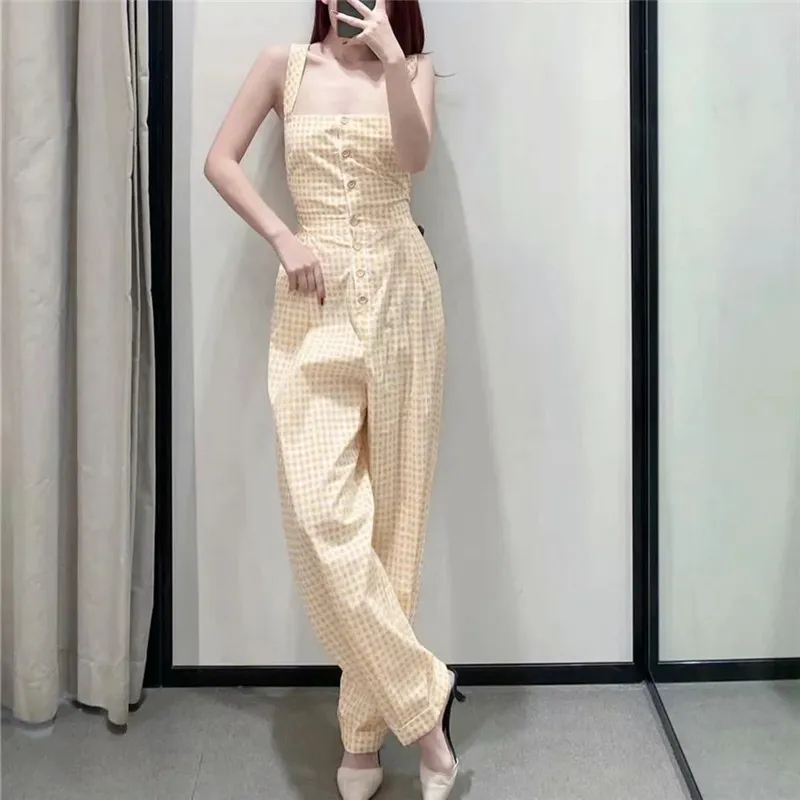 Yellow Plaid Female Jumpsuit Fashion Wide Straps Sleeveless Long Women Summer Button Backless Woman Overalls 210519