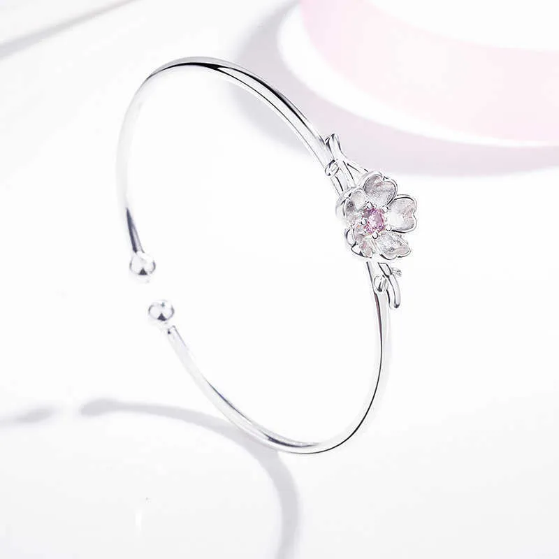 Korean Version Silver Plated Mori Art Cherry Bracelet, Sweet Inlaid Diamond Powder Crystal Simple Ring about Opening Jewelry. Q0717