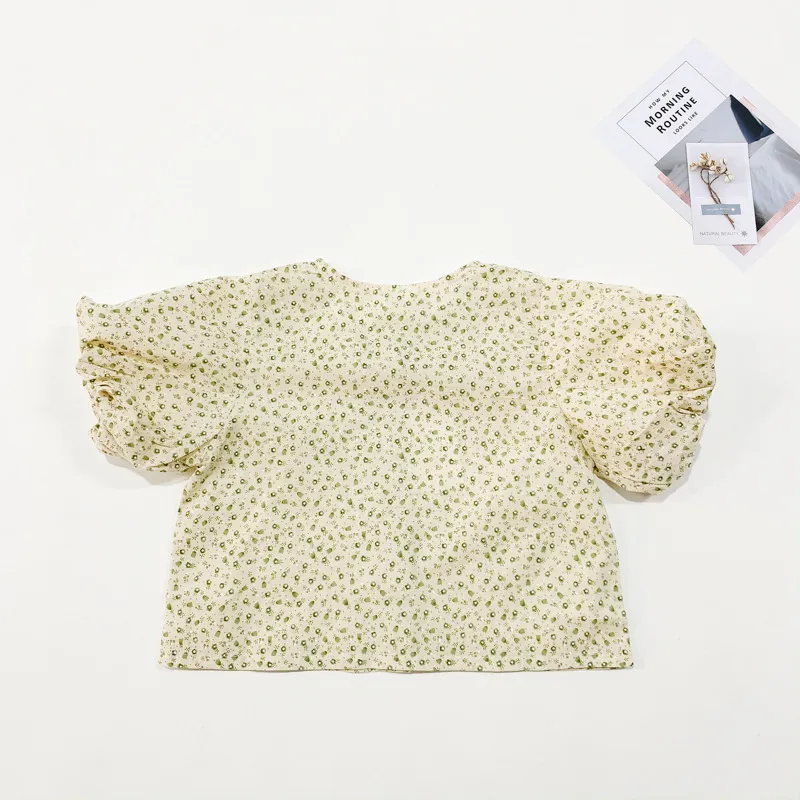 Puff Sleeve Girls Shirt Casual Top Fashion Flower Print Kids Clothes Summer Cute Blouse 1-5Y 210515