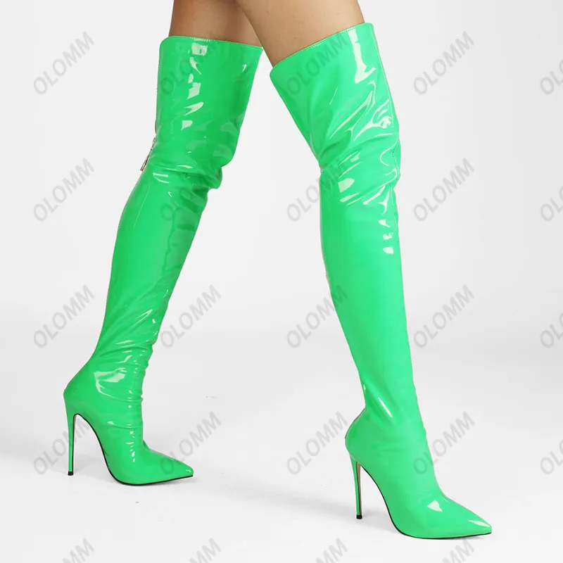 Rontic mode femmes hiver brillant sur les bottes au genou talons aiguilles bout pointu vert violet Fuchsia chaussures de boîte de nuit taille américaine 5-15