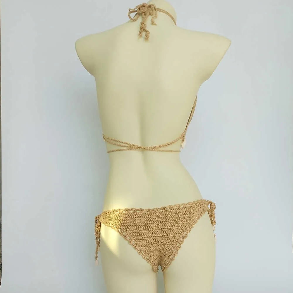 Bikini Set Femme Crochet Shell Gland Top et Seashell Cheville Chaîne Sexy String Creux-Out Taille Basse Bas 210621