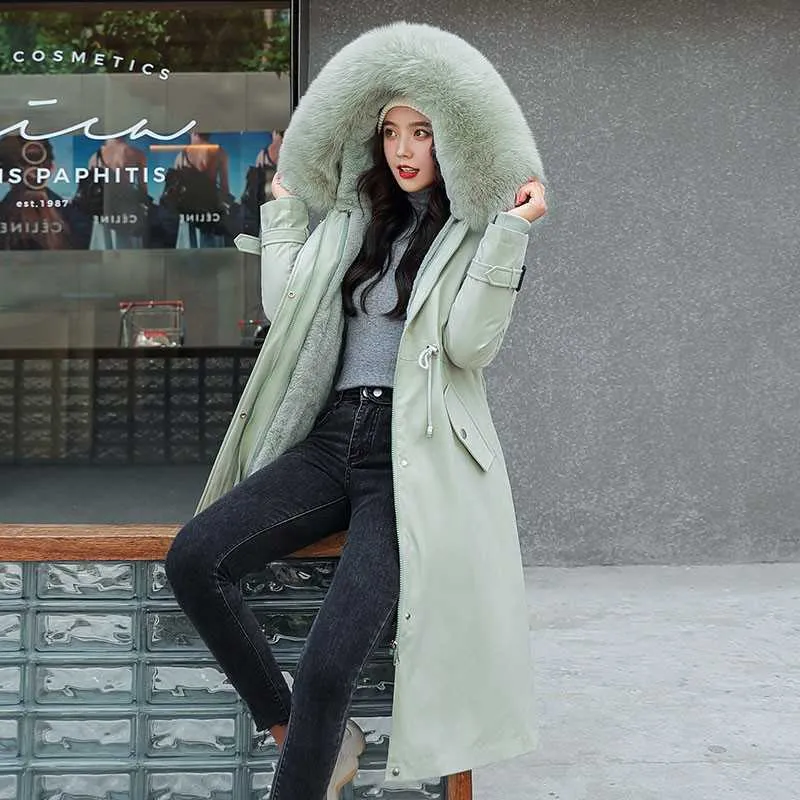 Ly Varey Lin зимнее длинное пальто женщины теплые толщины с капюшоном Parkas плюс размер большой меховой воротник вышивка куртки мягкие пальто 210526