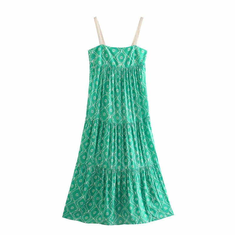 Za Print Pleated Long Summer Dress Women Sleeveless Straps Vintage Green Party Dress Fashion Smocked Elastic Backless Dress 210602