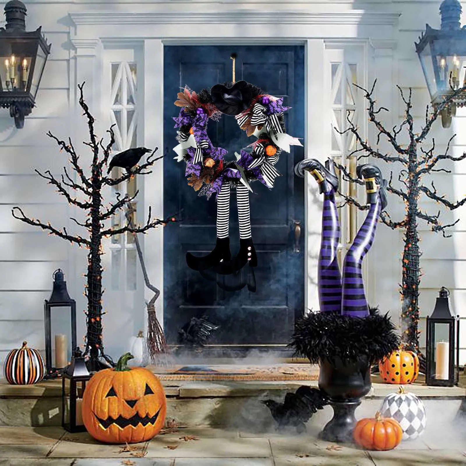 Couronne d'Halloween porte suspendue décoration Halloween chapeau de sorcière jambe citrouille porte couronne joyeux Halloween fête maison fête fournitures Q086575644