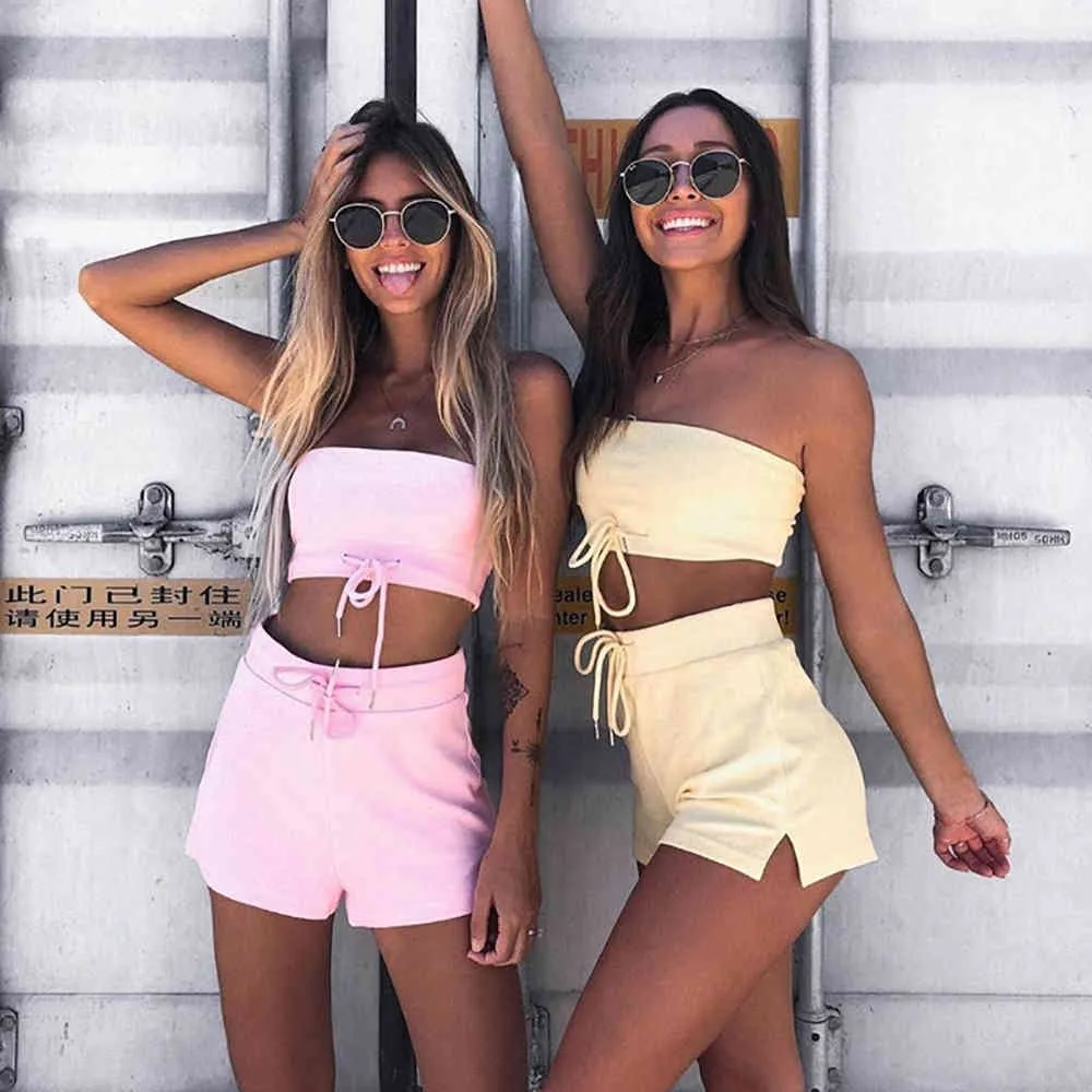 Summer Women Pink Strapless 2 Two Pieces Sets Sexy Sleeveless Mini Tops & Shorts Casual Club Out Wear Cotton 210423