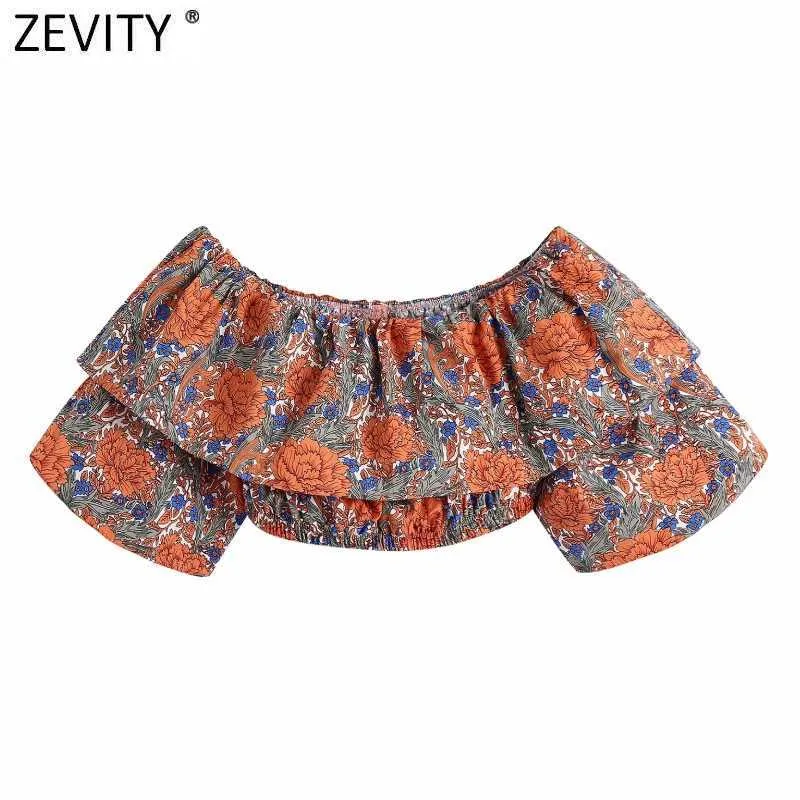 Zevity Womenホリデー熱帯花柄プリント弾性ショートスモックブラウス女性オフショルダーフリルシャツシッククロップトップスLS9218 210603