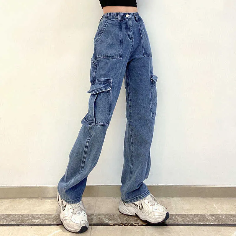 JMPRS Tasche Patchwork Jeans larghi da donna Moda Y2K Streetwear Pantaloni in denim di cotone 100% Pantaloni cargo larghi Harajuku Pantaloni neri 210809