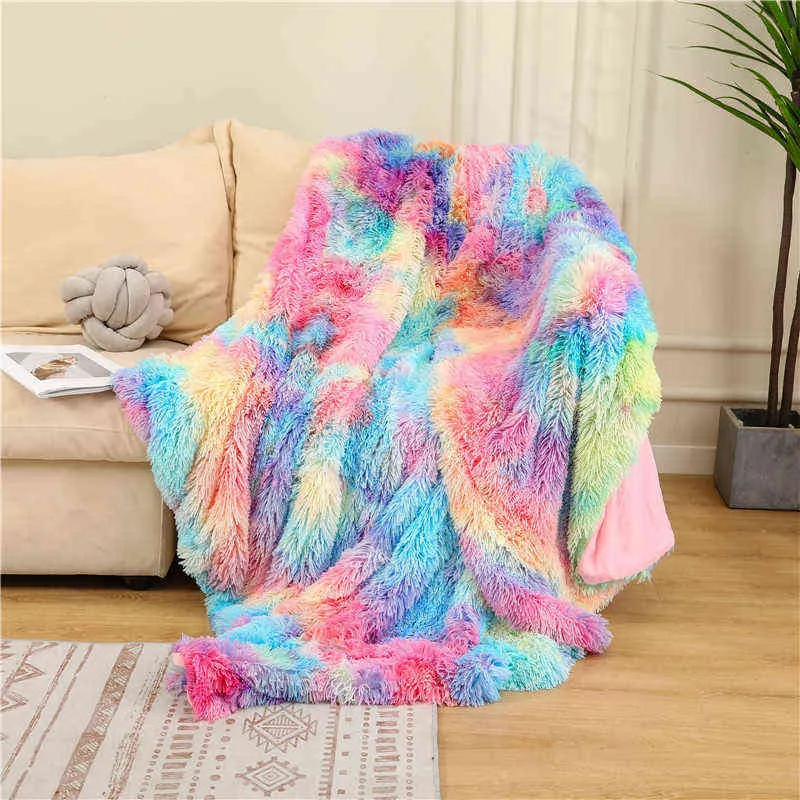 Couverture double couche hiver confortable chaud longue peluche arc-en-ciel jeter couverture pour canapé-lit coloré fourrure moelleux cravate colorant couvre-lit 211227246t