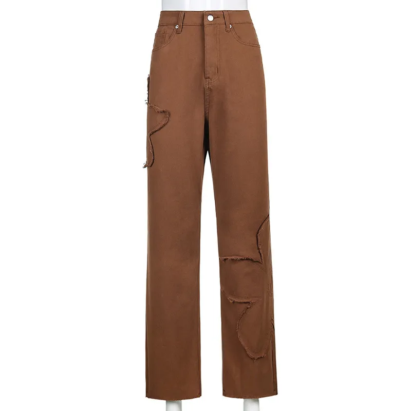Y2Kジョガーズの女性デニム貨物パンツ90年代街のキャラメルブラウンハイウエストE女の子審美的ストレートジーンズ刺繍ズボン210517
