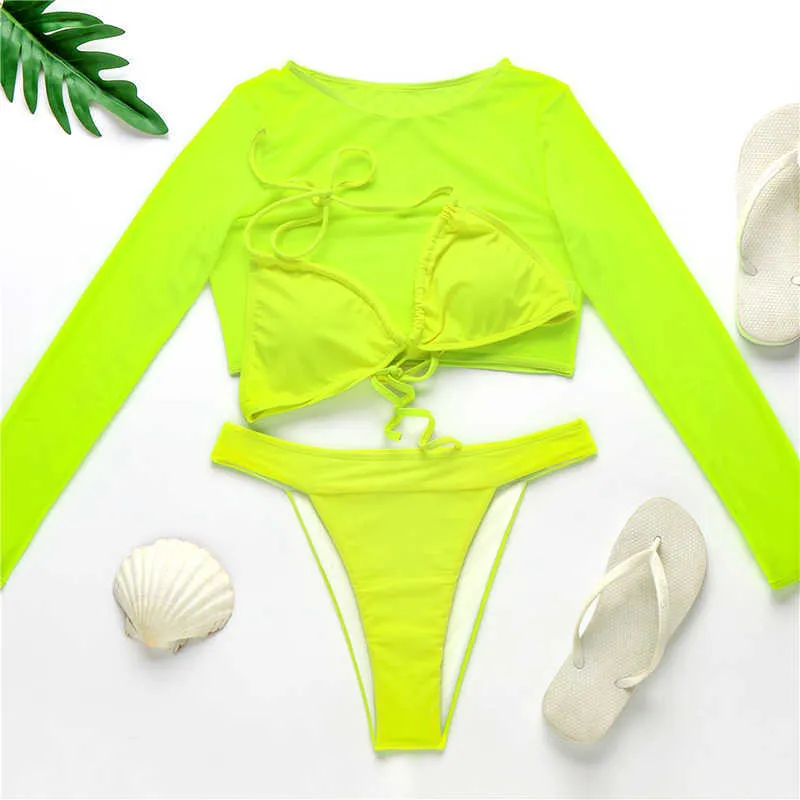Neon green bikini swimsuit women Sexy Long Sleeve swimwear high waist set High cut bathing suit 210621