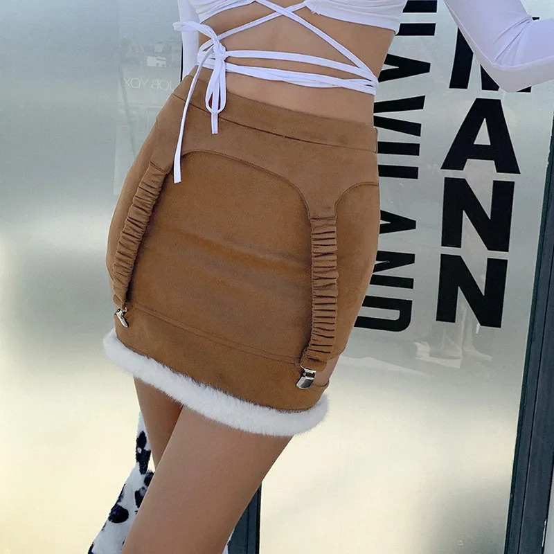 OMSJ Güz Kış Mini Bandaj Etek Lady Moda Rahat Haki Yüksek Bel Seksi Patckwork Streetwear Ince Kalem Etekler Oymak 210517
