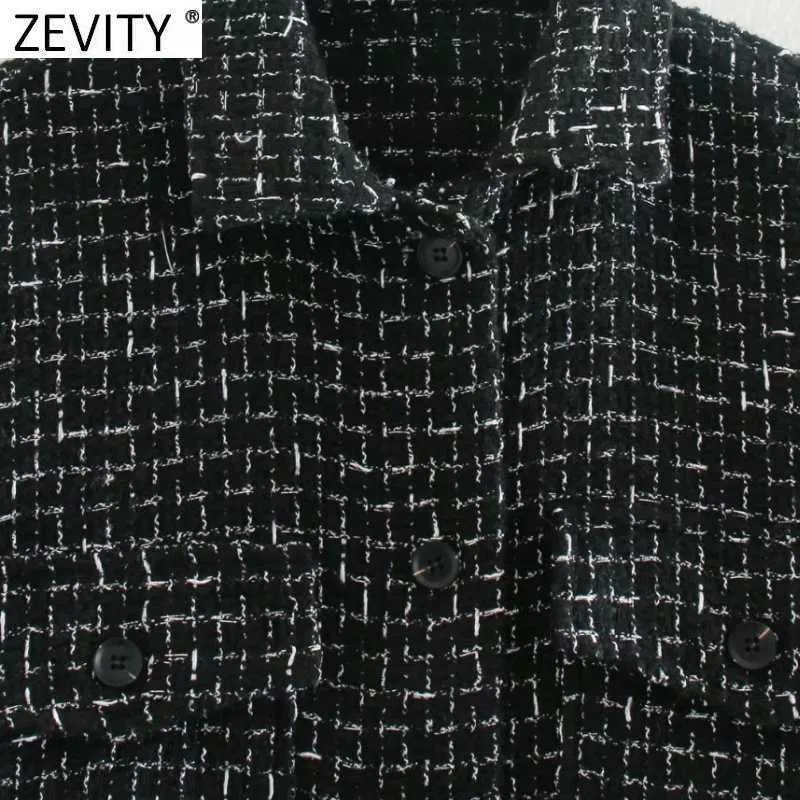 Zeefity Dames Vintage Plaid Casual Black Wollen Shirt Jas Vrouwelijke Chique Lange Mouwen Uitloper Jas Streetwear Pockets Tops CT627 210603