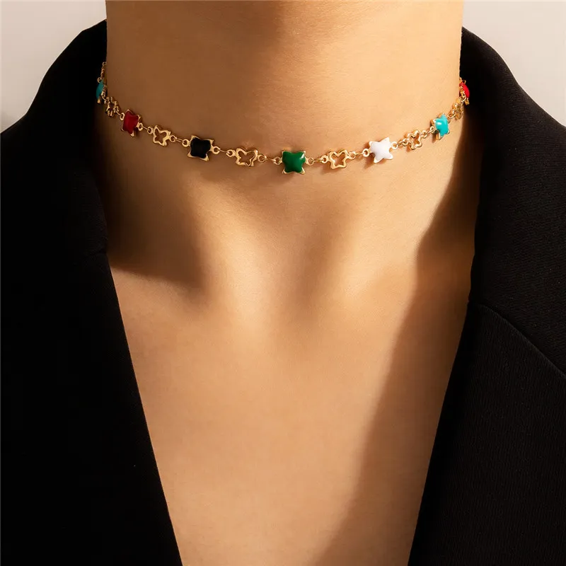 Mode coloré gouttes d'huile collier ras du cou pour les femmes à la mode papillon pendentif clavicule chaîne collier bijoux