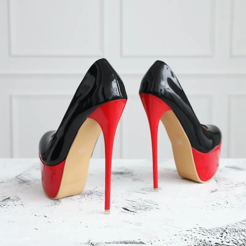 슈퍼 섹시한 빨간 두꺼운 하단 스틸 레토 여성 펌프 특허 가죽 16cm 높은 뒤꿈치 여성 T- 무대 신발 가을 발 뒤꿈치 큰 크기 41 42 Y0406