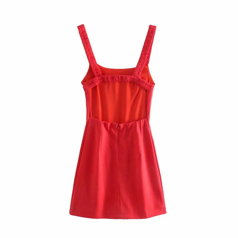 Za Summer Tank Dress con volant da donna senza maniche cinghie elastiche Backless Red Party Dress Donna sexy con spalline Mini abiti 210602