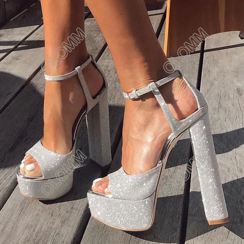 rontic 새로운 여성 여름 반짝이 샌들 발목 스트랩 chunky heels peep 발가락 멋진 실버 웨딩 신발 여성 미국 플러스 사이즈 5-20