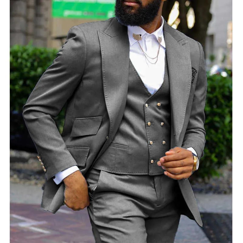 Slim Fit Män Passar Med Dubbel Breasted Vent Toppad Lapel Afrikansk Bröllop Tuxedo för Groom Male Fashion Jacket Pants X0909