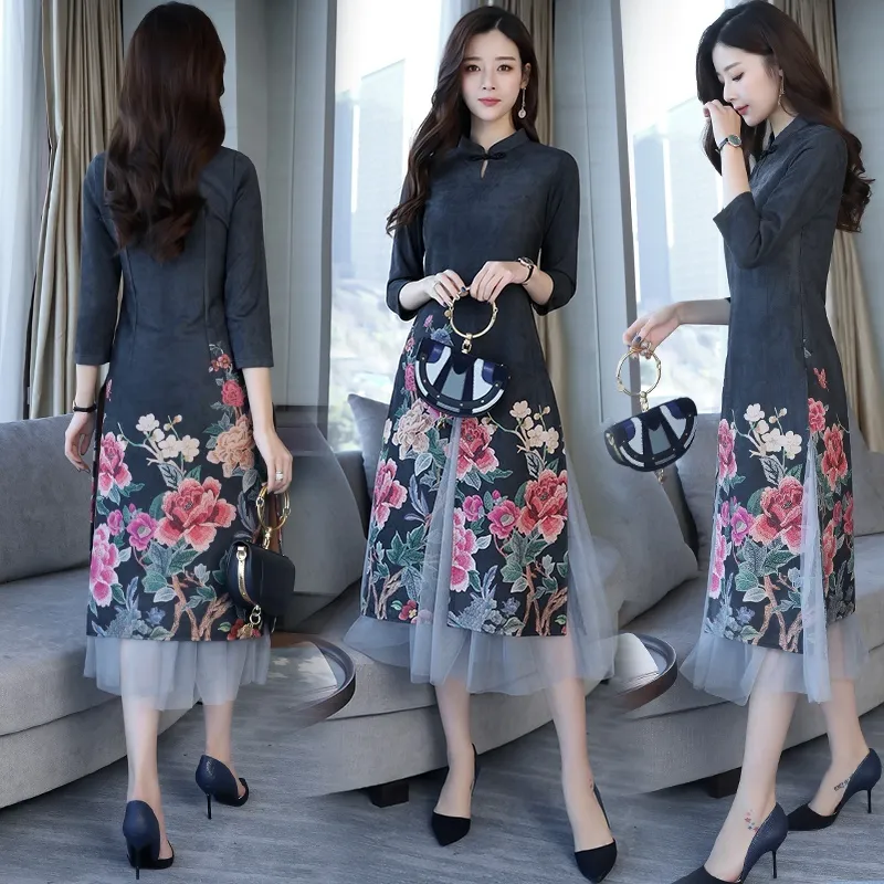 Çin tarzı baskı iki parçalı elbise yeni sonbahar geyiği cilt kadife ulusal rüzgar dantel elbise 210322