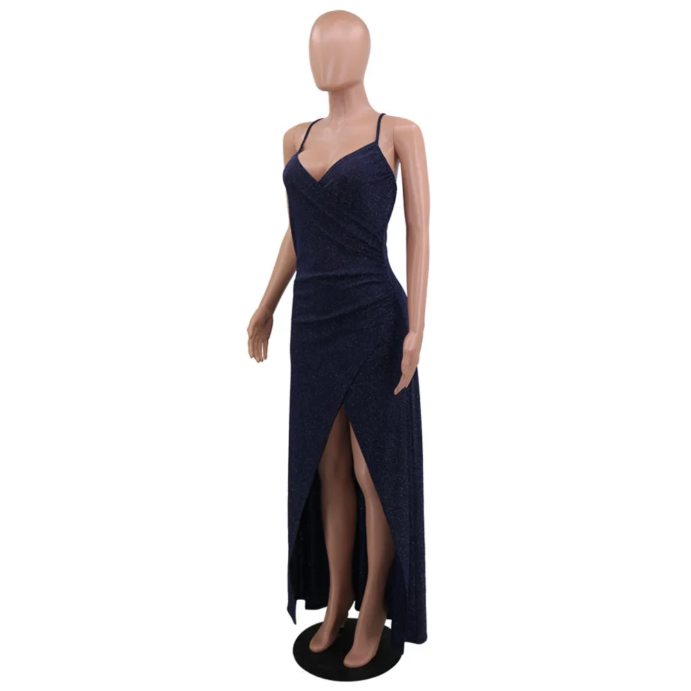 Deep Blue Spaghetti Strap Dresses Woman Party Night Club Elegant Fashion Sexy Slits Midi Dress Wholesale Clothes 210525