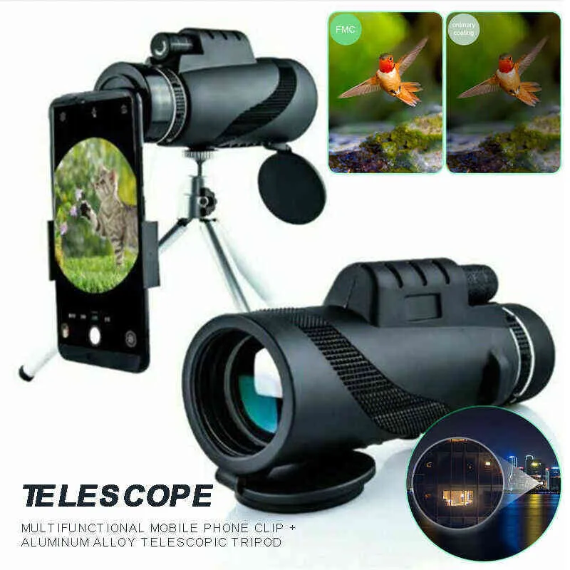 80X100 HD Puissant Télescope Monoculaire Téléphone Caméra Zoom Starscope Trépied Télescope Clip De Téléphone Pour Camping En Plein Air Accessoires 211229