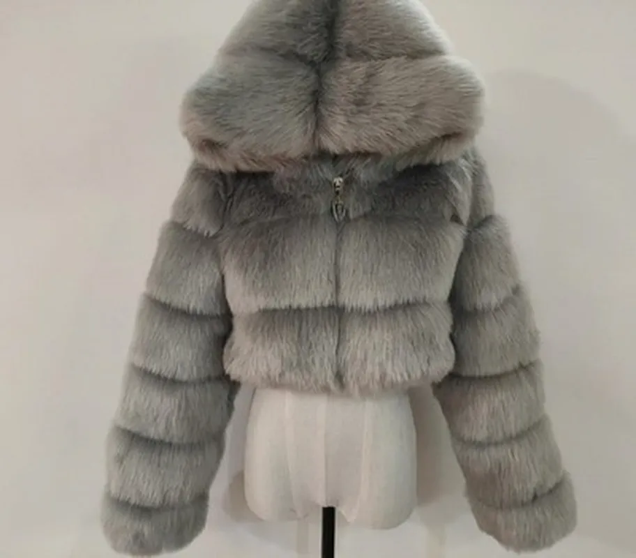 Moda Futro Płaszcz Z Kapturem Pełne Rękawy Patchwork Płaszcze Dla Kobiet Casual Faux Fur Gruba Ciepła Kurtka Fourrure Femme