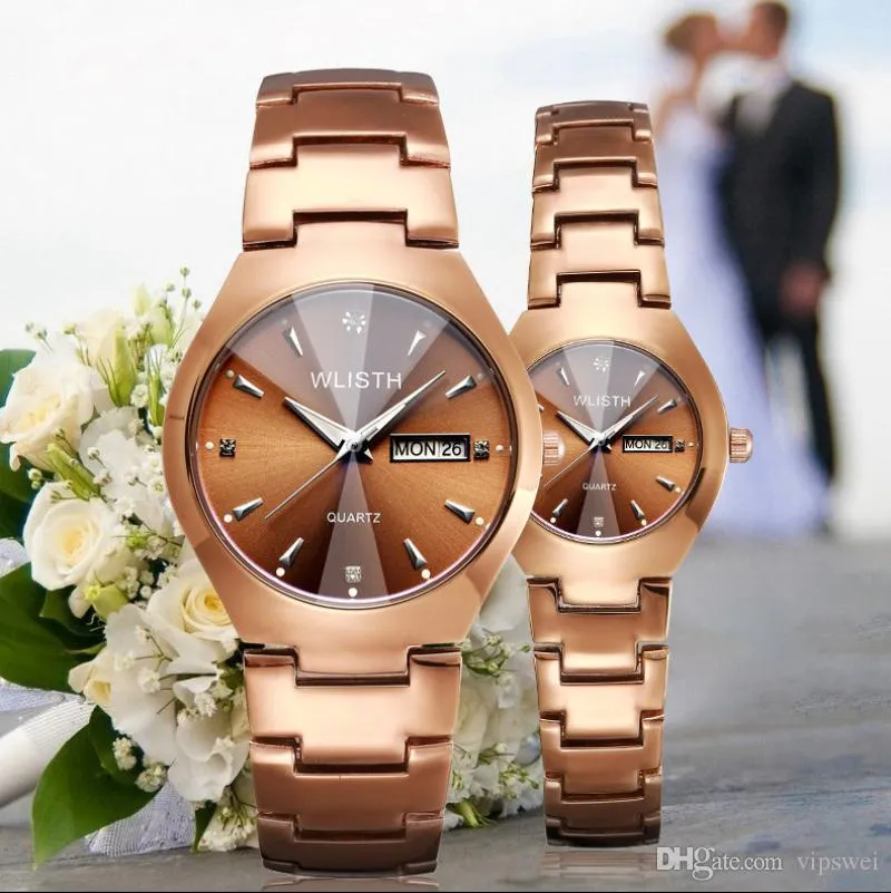 Lovers Gold Watch Fashion Quartz Clothes Watches Män avslappnad och kvinnor klär ClockUnisex lysande par armbandsur Waterproof282L