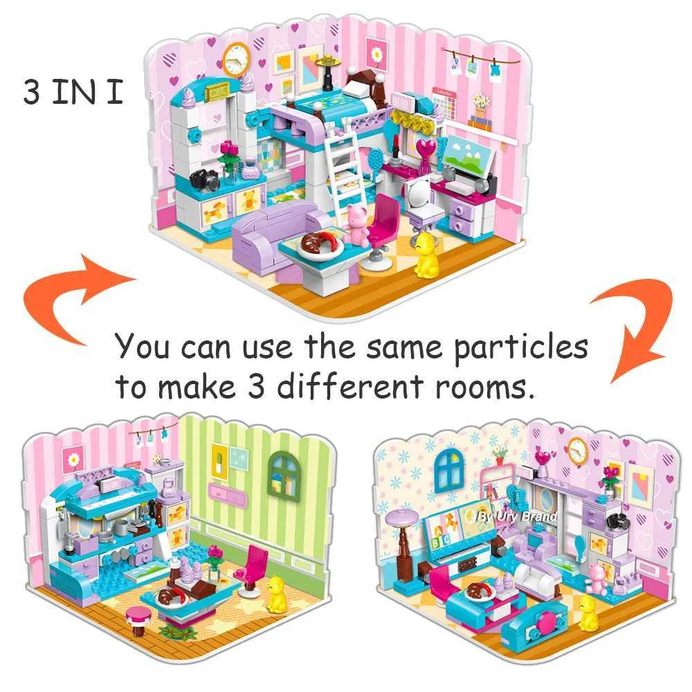 3in1 filles amis Morden princesse chambre ensemble aire de jeux château maison chambre bricolage bloc de construction jouets pour enfants cadeaux de noël Q0624