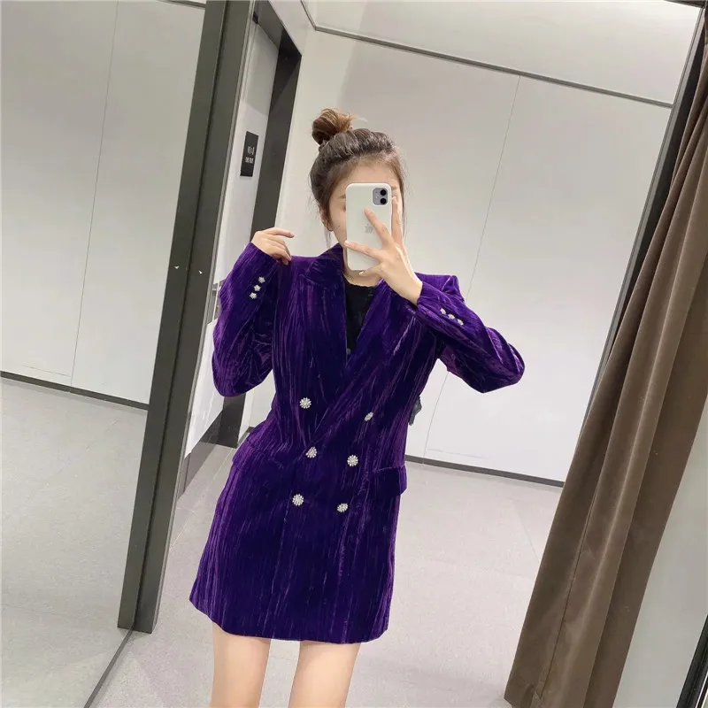 Violet Velours Blazer Robe Femmes Mode Avec Épaulettes À Manches Longues Mini Femme Élégant Bureau Dames es 210519