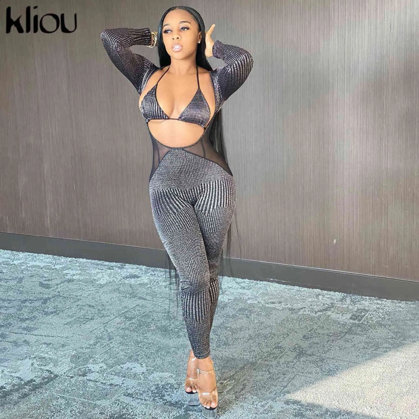 Kliou Mesh Shinny Patchwork Combinaisons avec lacets Halter Bikini Femmes Sexy Hollow Out Salopette Club Party Vêtements 211119