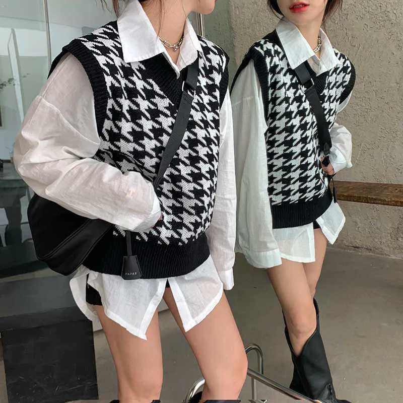 Houndstooth Vest Women's Knitted Autumn Loose Korean Outdoor soft warm Sweater Waistcoat 210529