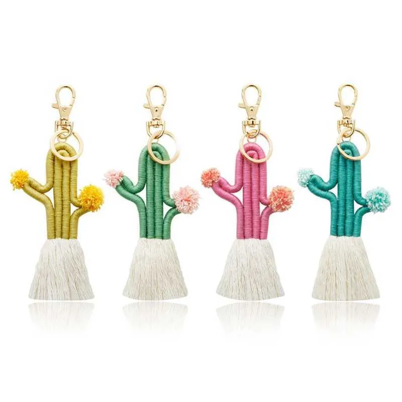 Mignon Cactus Forme Porte-clés Gland Sac Ornements Suspendus Fil De Coton Tissé Outils Coloré Porte-clés Fit pour Prévenir La Perte De Clé G1019